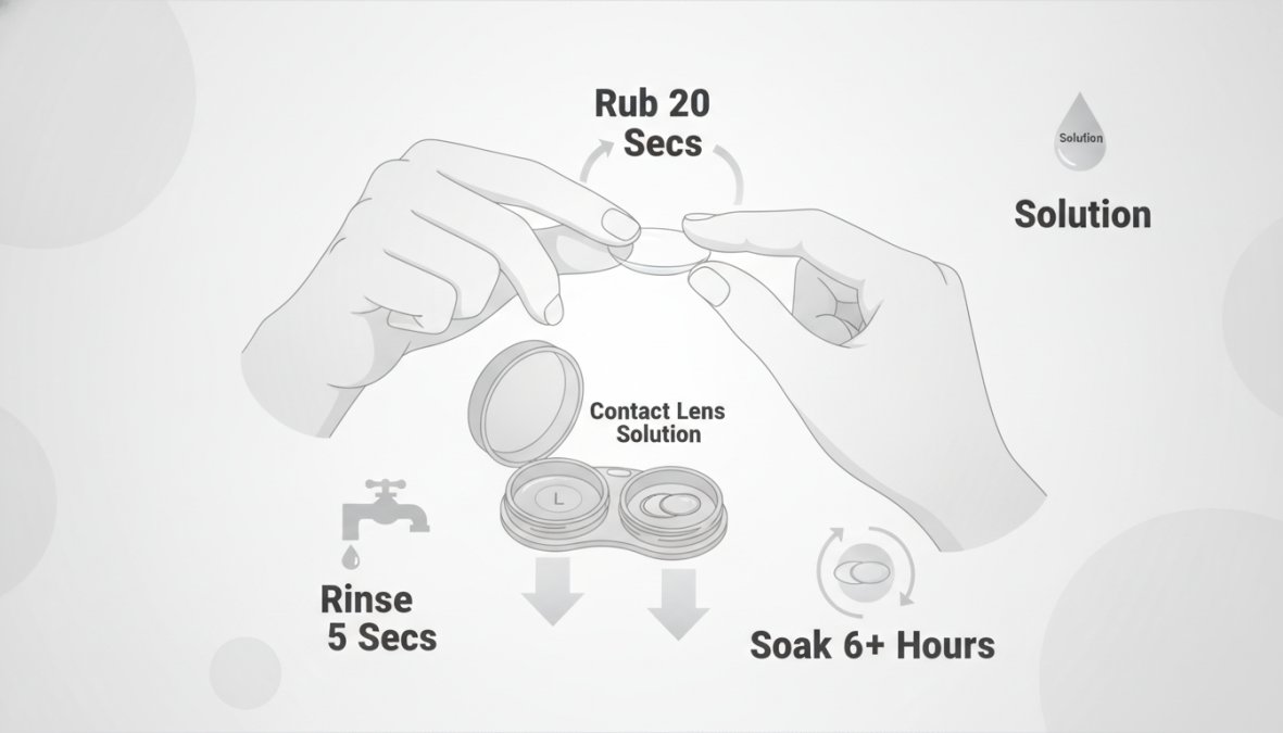 Close-up of hands properly cleaning a contact lens over a lens case with fresh solution, showing correct rub and rinse technique with proper materials and lighting