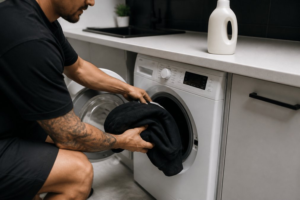 A person loading a dark cotton hoodie into a front-loading washing machine in a bright laundry room, with a bottle of gentle detergent on the counter nearby