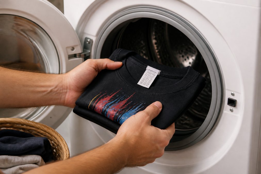 Close-up of hands placing a neatly folded graphic tee into a front-loading washing machine set to a cold water cycle, with the garment's laundry care label clearly visible in natural indoor light