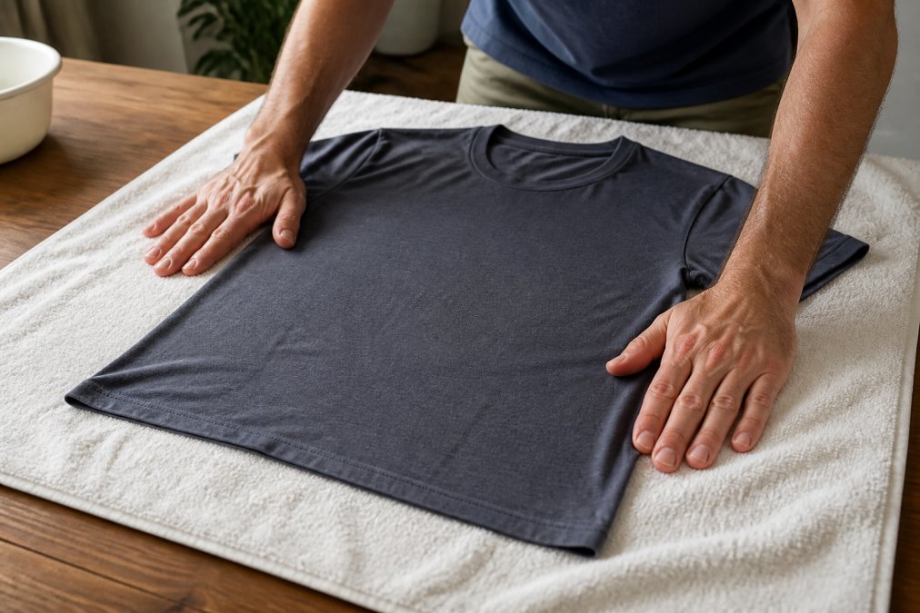 Person gently stretching a damp cotton t-shirt flat on a clean white towel spread across a wooden table, smoothing the fabric back to its original shape with both hands under soft indoor lighting