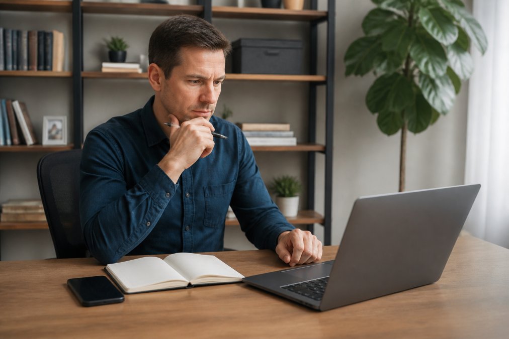 Professional working at a desk with phone face-down, laptop open, notebook visible, focused expression, showing intentional device management