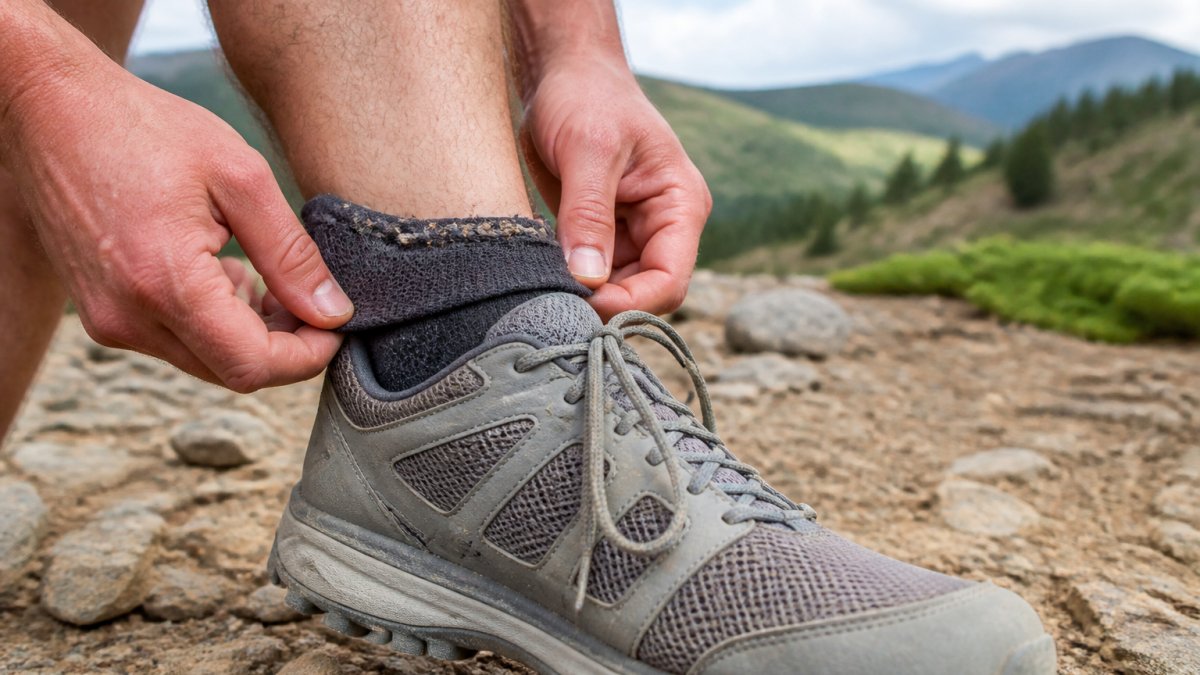 Trail runner adjusting a sock cuff to block small pebbles from entering a low-cut hiking shoe on a rocky path.