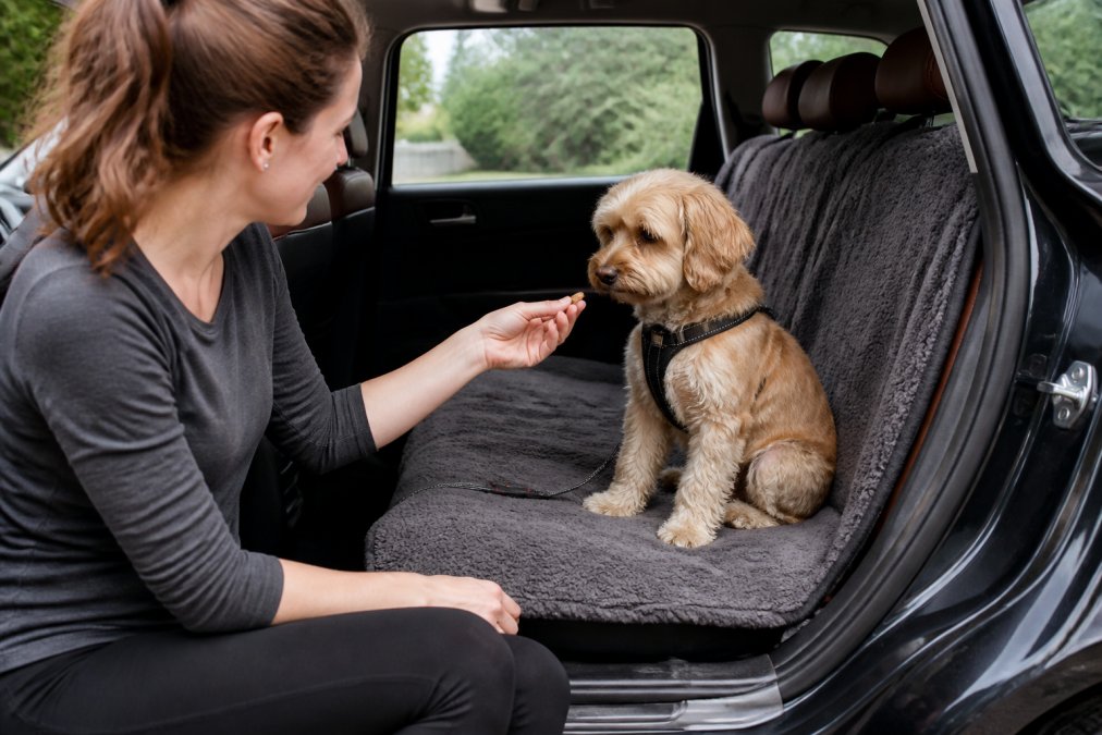 Person rewarding a calm dog with a treat in a parked car to help manage dog car anxiety during training.