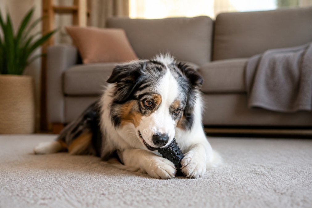 A medium-sized dog actively chewing on a durable rubber toy in a comfortable living room, with a sofa visible in the soft background light