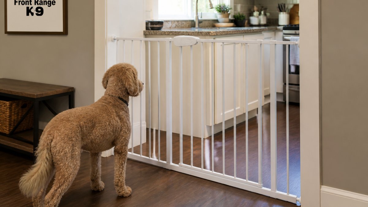 Dog standing near a baby gate blocking kitchen entrance, demonstrating a physical barrier that prevents access to counters and food
