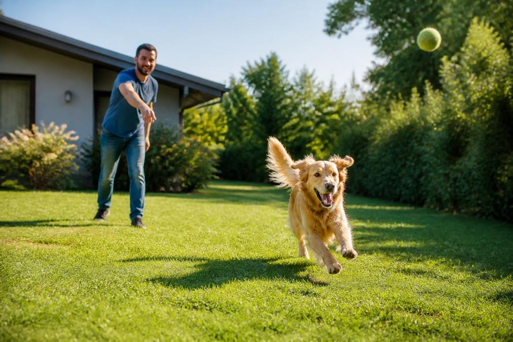 Active dog running and playing fetch in a grassy yard with owner throwing ball, bright afternoon sunlight