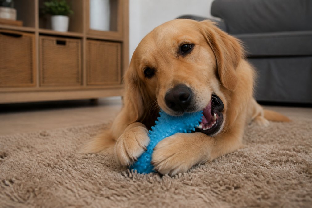 Dog happily chewing on a durable toy, focused and content, showing positive engagement with textured surface