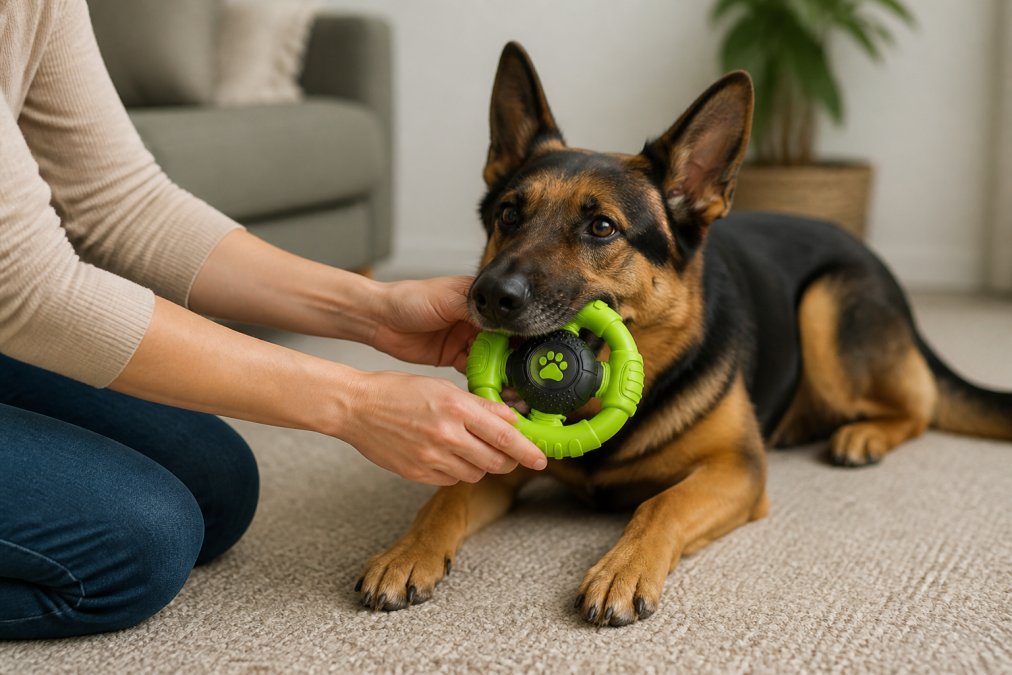 Dog owner's hands gently guiding a dog's mouth during play with a soft toy, demonstrating positive reinforcement and gentle interaction with natural indoor lighting