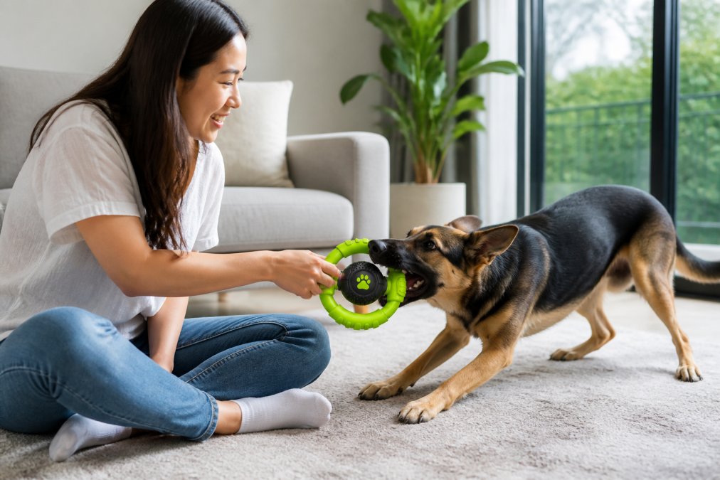Dog owner sitting on the floor actively playing with a dog using a toy, engaged in supervised playtime with natural window lighting in a modern living room