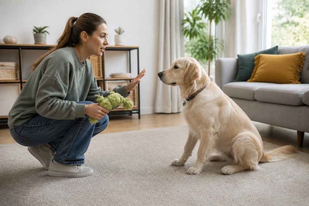 Dog owner crouching beside an attentive sitting dog, holding a toy at waist level while demonstrating the drop it command in a bright living room with natural window light