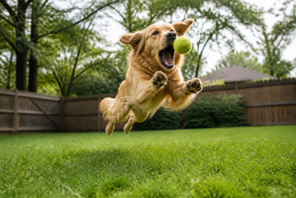 Active dog mid-leap catching a ball in a sunny backyard with green grass, showing engaged play behavior and physical exercise in motion