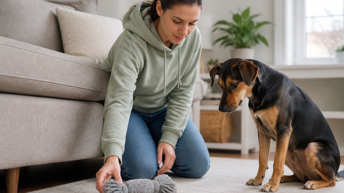 A dog owner kneeling beside a couch, placing a durable fleece chew toy on the floor while a medium-sized dog watches attentively in a bright living room