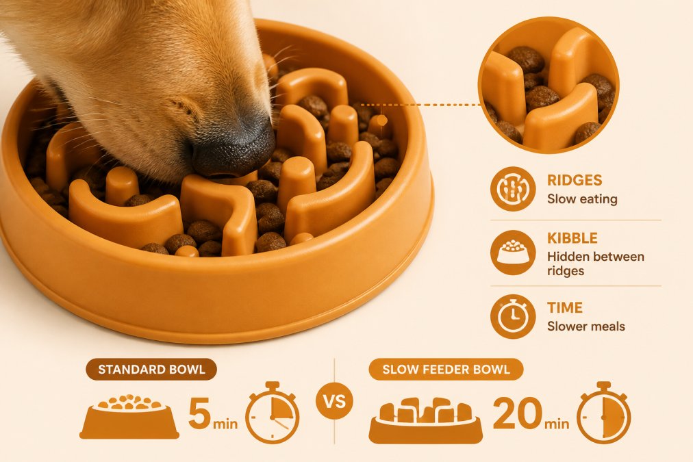 Close-up of a dog's nose interacting with the textured ridges of a slow feeder bowl, kibble visible between the raised sections, natural lighting showing the bowl's maze-like design