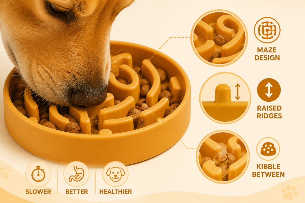Professional illustration showing dog eating too fast
