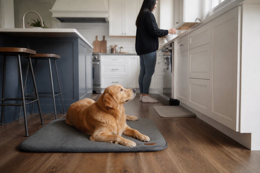 Dog lying calmly on a mat in a down-stay position while a person prepares food in a bright kitchen.