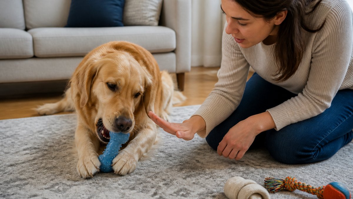 Owner supervising golden retriever playing with durable rubber toy indoors, gently redirecting the dog's attention as it begins to chew too aggressively
