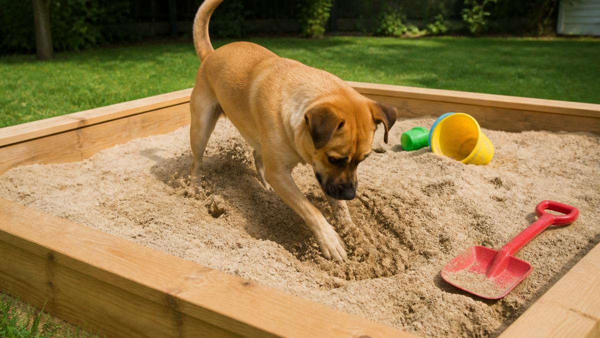 A happy dog digging in a backyard sandbox filled with sand and toys