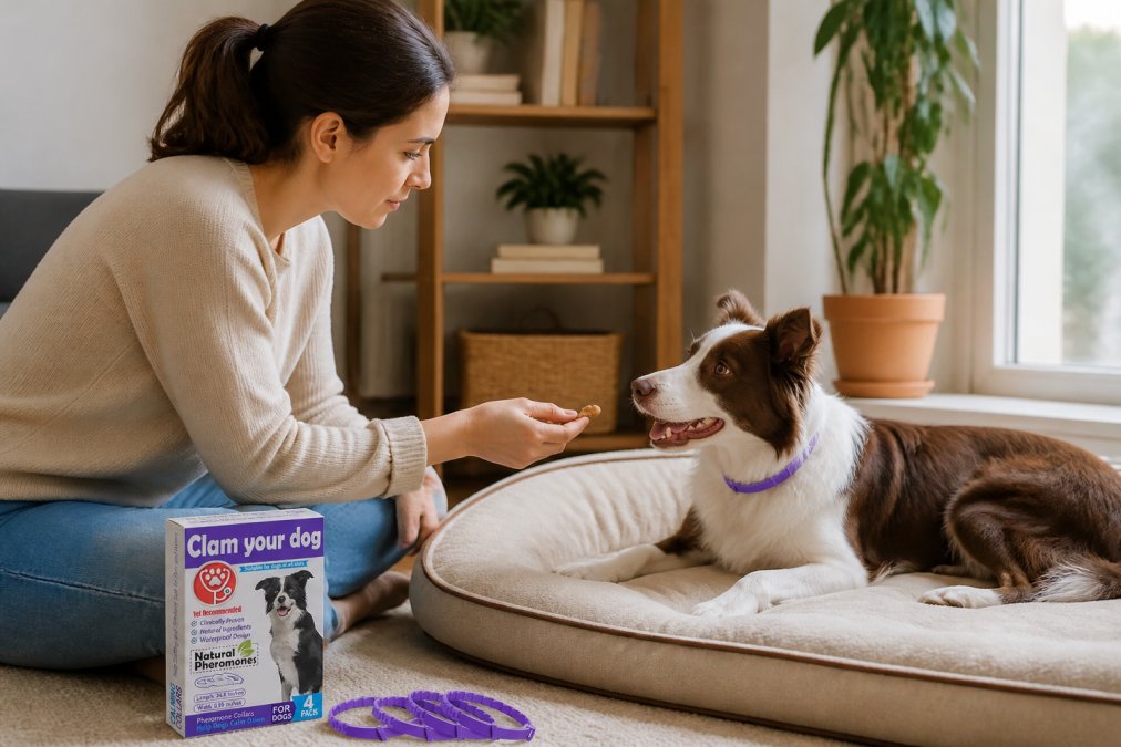 Dog owner in casual home setting offering a treat to their calm dog lying on a dog bed, with warm natural lighting from window