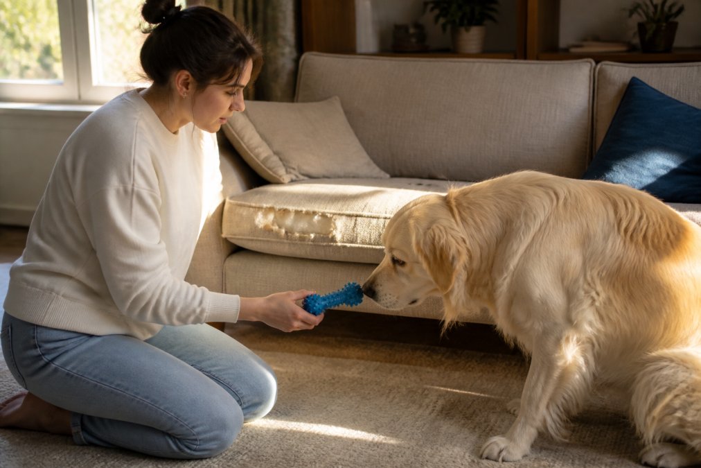 A dog owner kneeling on a living room floor, calmly redirecting their dog away from a chewed couch cushion by offering a textured rubber chew toy, warm afternoon light streaming through a nearby window
