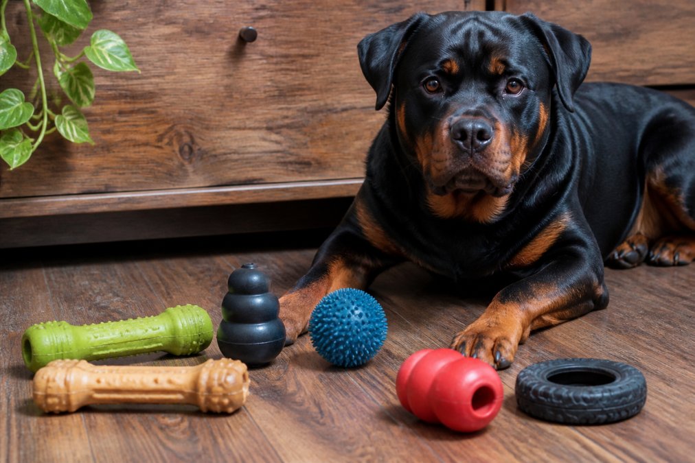 Close-up of several durable enrichment chew toys in different shapes and textures arranged on a wooden floor next to a large breed dog lying calmly, natural indoor lighting
