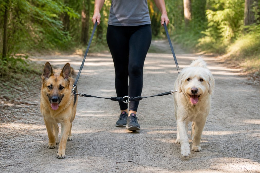 Two dogs walking calmly on a coupler system without tangling, showing the swivel attachment in action on a natural outdoor path with handler visible
