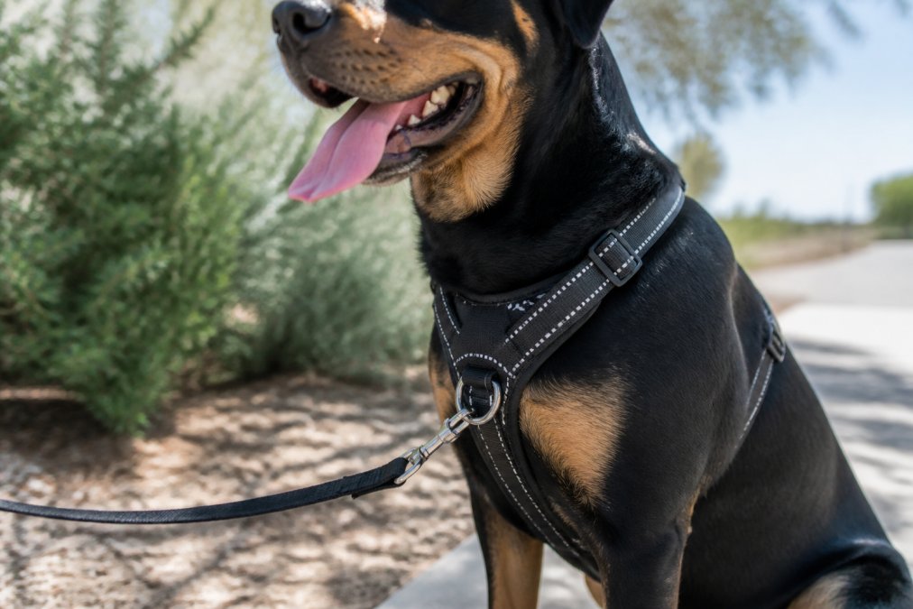 Close-up of a front-clip harness fitted on a large dog, showing the chest attachment point and properly fitted, relaxed straps across the dog's body, photographed outdoors in natural sunlight