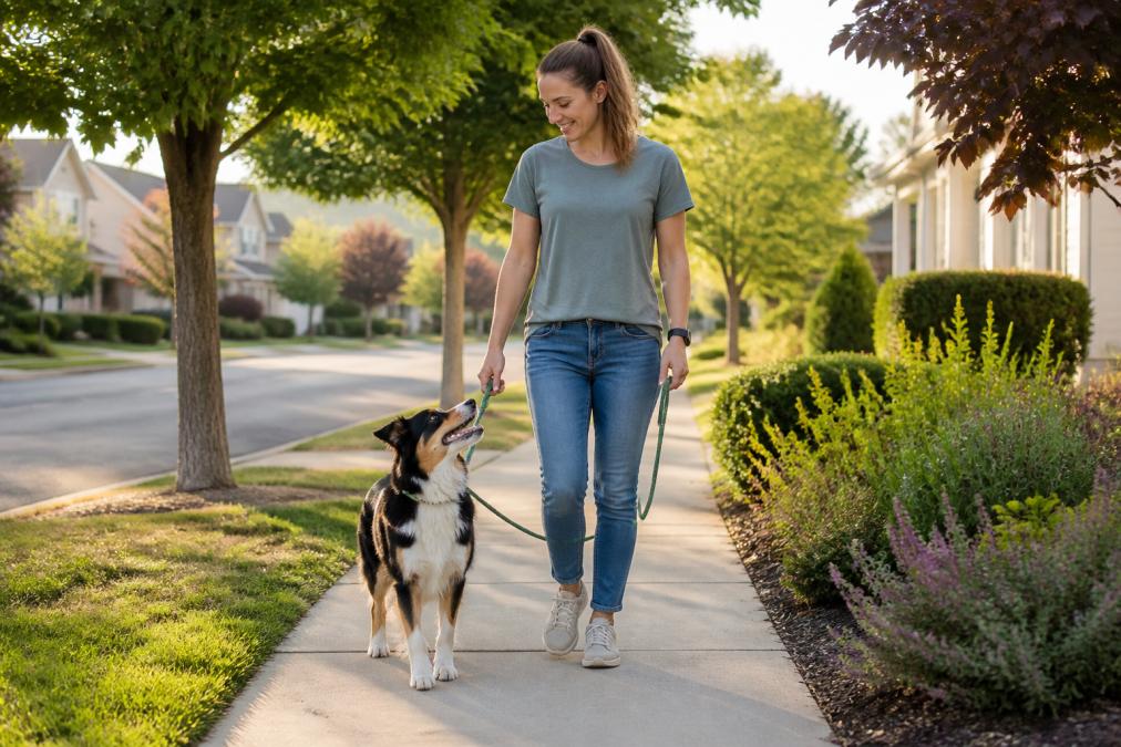 A dog owner walking a medium-sized dog on a completely slack leash in a quiet suburban neighborhood, the dog looking up attentively at the owner's side, afternoon light, relaxed body language from both