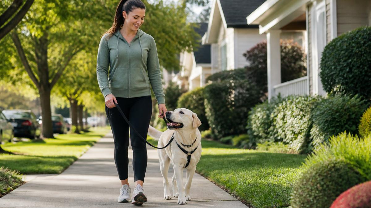 Dog owner walking a large dog on a leash in a calm residential neighborhood, demonstrating proper loose-leash position with the dog walking beside the handler at a relaxed pace