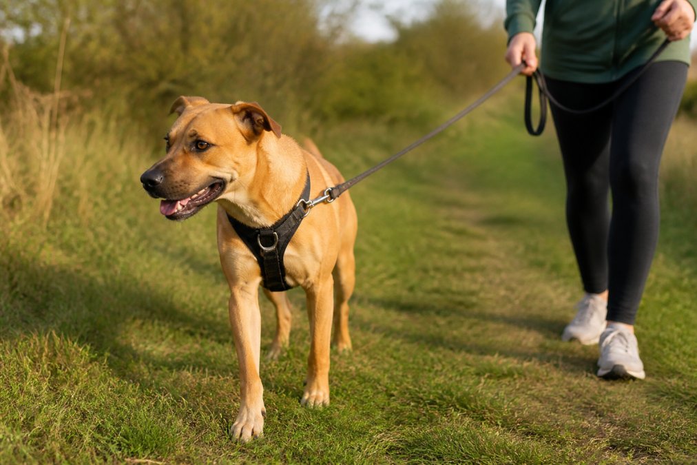 Close-up of a medium-sized dog wearing a well-fitted front-clip harness on a grassy trail, with the leash clipped at the chest ring and the owner's hand visible holding a relaxed lead in soft morning light