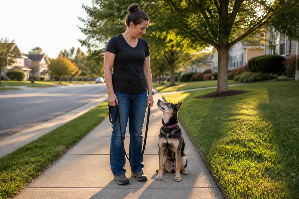 Step-by-step visual guide for dog and owner and standing concepts for stop dog pulling