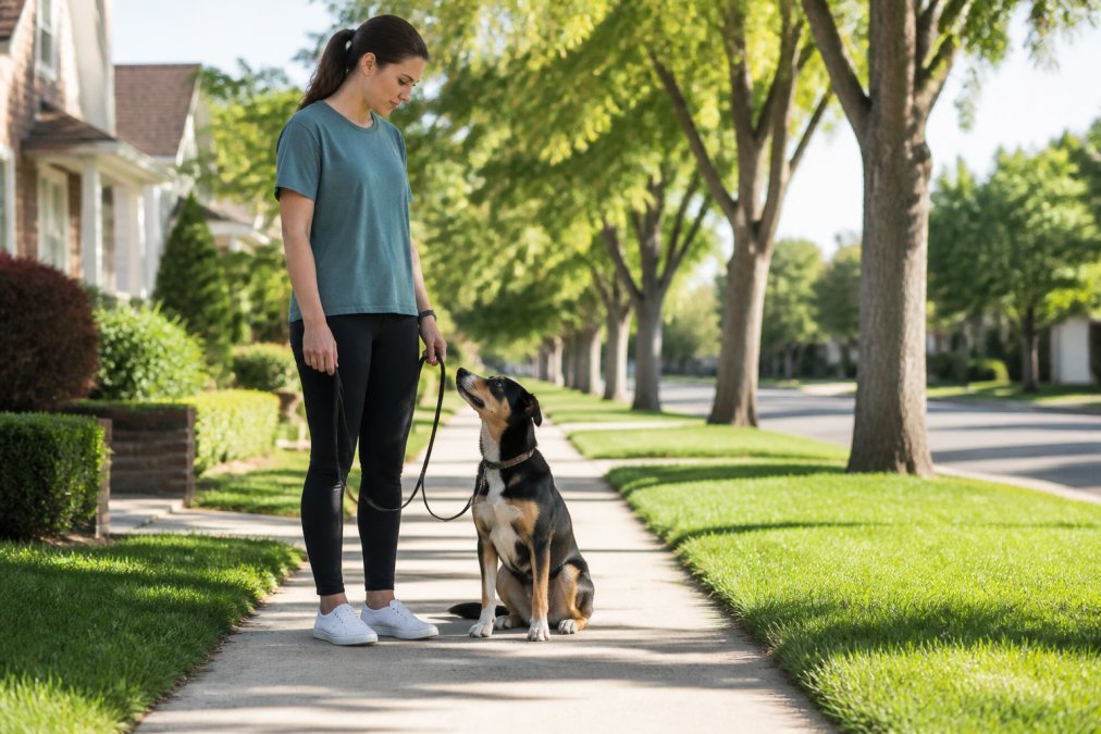 A dog owner standing still on a suburban sidewalk, holding a leash with slack while a medium-sized dog sits calmly beside them and looks up at the owner, afternoon sunlight casting gentle shadows on the pavement