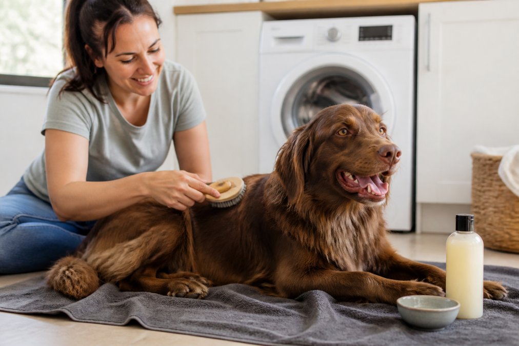 A pet owner gently brushing a relaxed dog with a soft grooming brush on a towel in a bright home laundry, with a bottle of pet shampoo nearby
