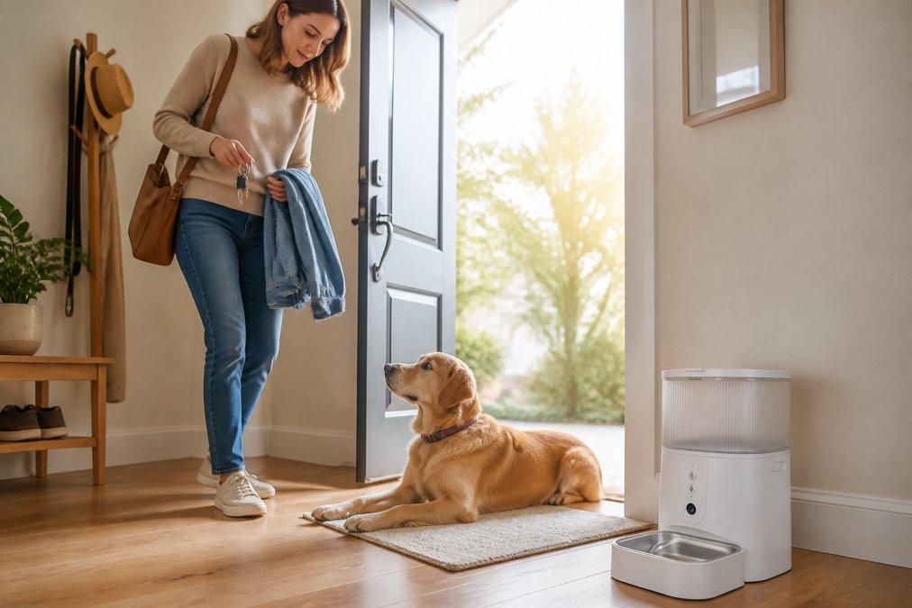 Dog owner practicing departure routine with their dog at the front door, with the dog remaining calm on a mat while the owner gathers keys and a jacket, natural morning light streaming through the entryway