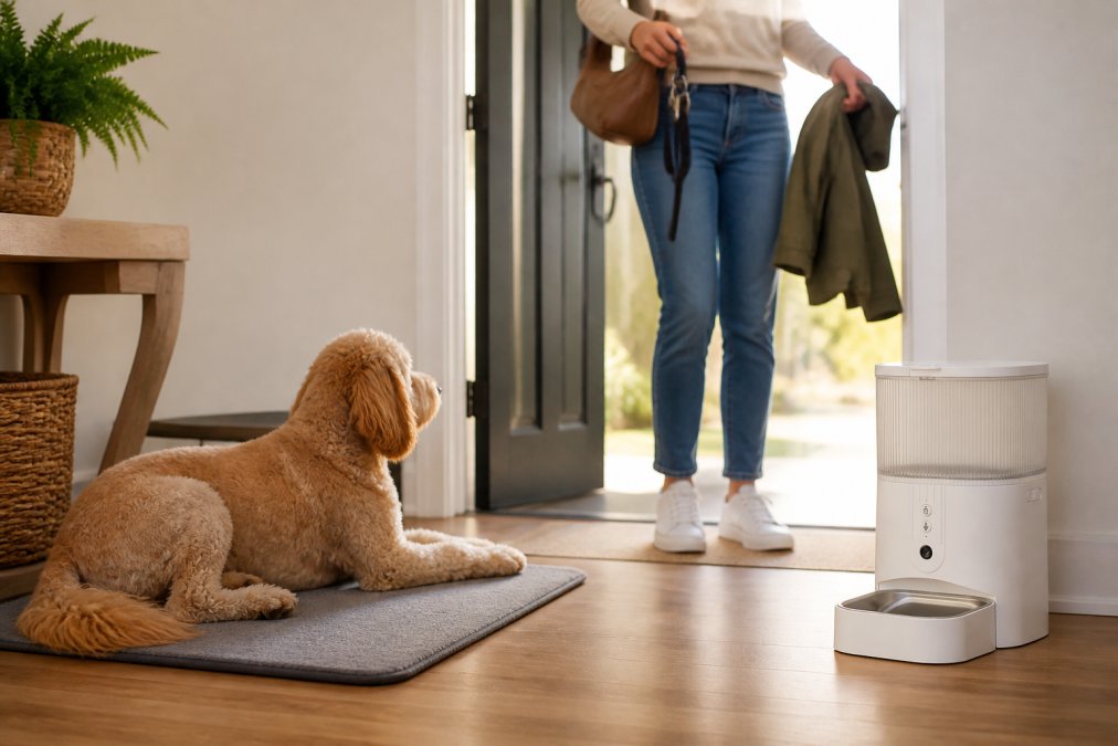 Dog owner practicing departure routine with their dog at the front door, with the dog remaining calm on a mat while the owner gathers keys and a jacket, natural morning light streaming through the entryway