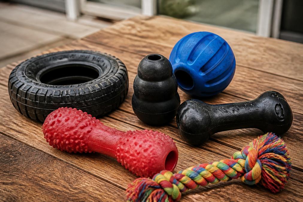 Close-up of various durable dog toys made from thick rubber and reinforced nylon materials in different shapes and sizes, displayed on a wooden surface with natural daylight