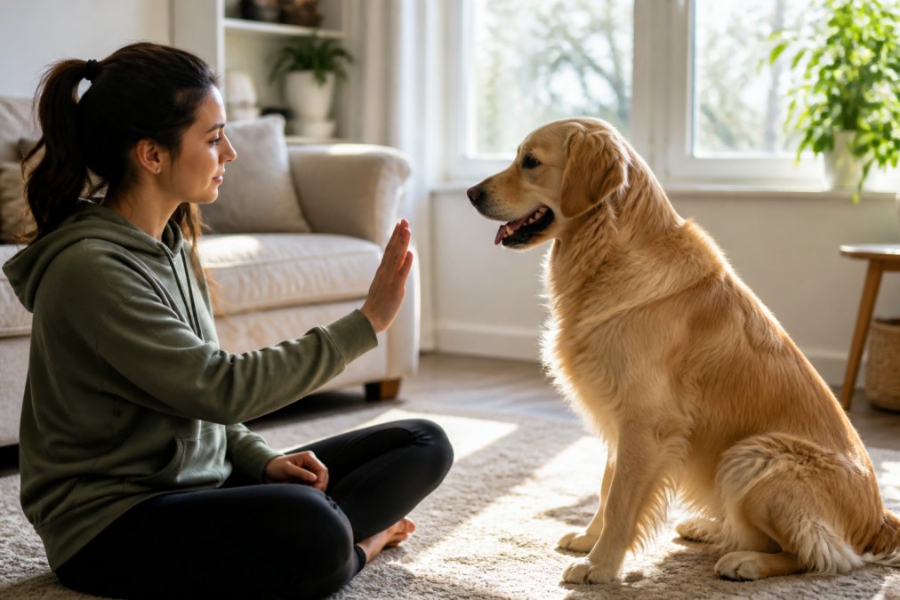 Dog owner sitting on floor indoors, demonstrating the 'drop it' hand gesture with a golden retriever in a bright, sunny living room with natural window lighting