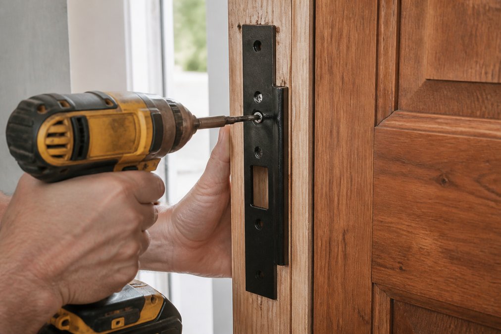 Homeowner's hands installing a door security kit on a wooden door frame, showing proper screw placement into the jamb with a drill, close-up detail of hardware alignment and fastening