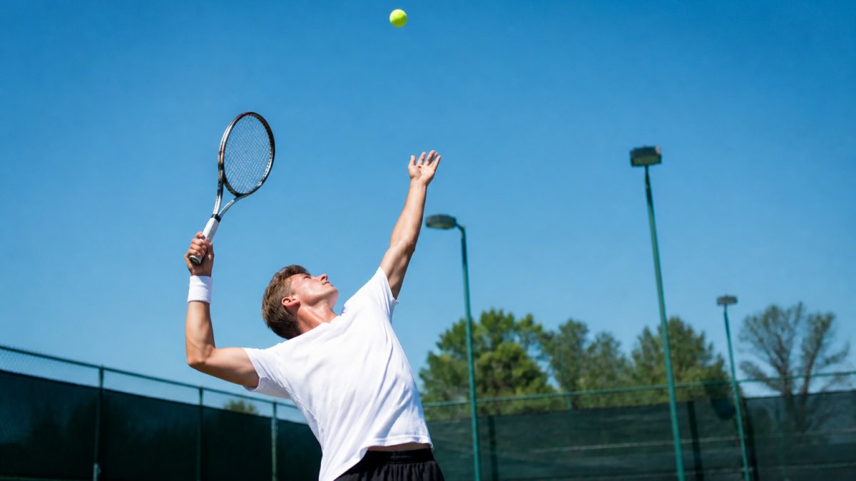 Diagram showing the proper serve motion, toss, and racquet acceleration to help you learn how to stop double faults in
