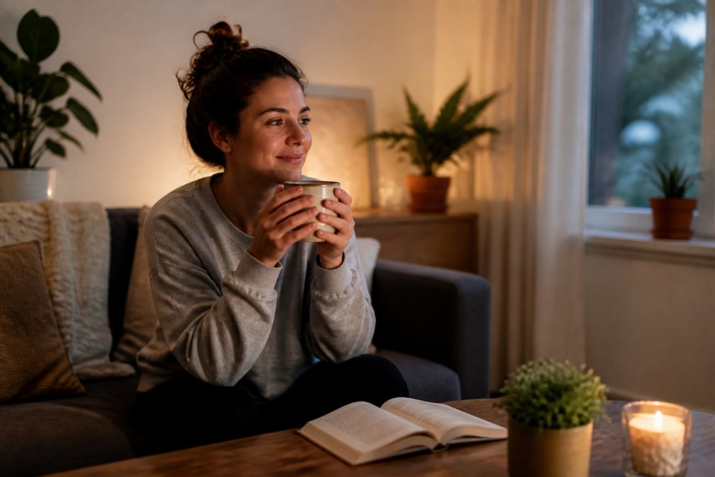 Infographic flowchart showing a cozy evening routine to help you stop drinking and improve wellness.