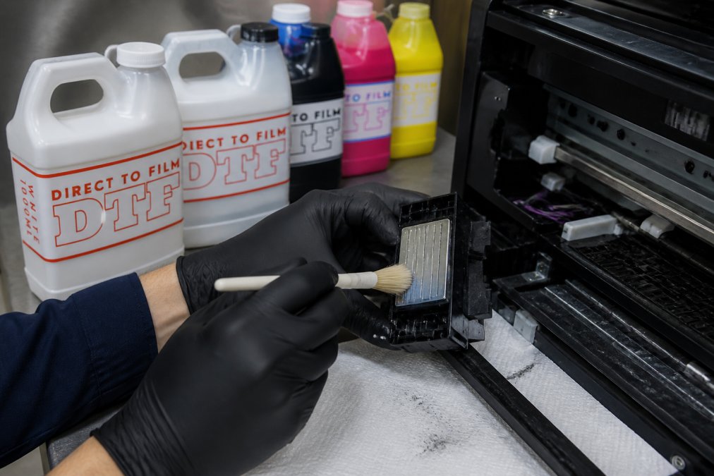 Professional technician's hands carefully cleaning a DTF printhead with a soft brush and cleaning solution, showing proper technique and safety in a well-lit workspace