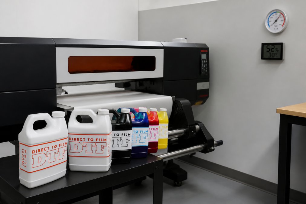DTF printer setup in a climate-controlled print shop with visible humidity monitor and temperature gauge displayed on the wall, showing proper environmental conditions