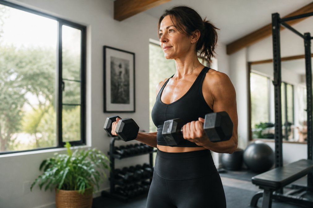 A woman in her 40s performing resistance training with dumbbells in a home gym setting, focused and calm, natural morning light through windows