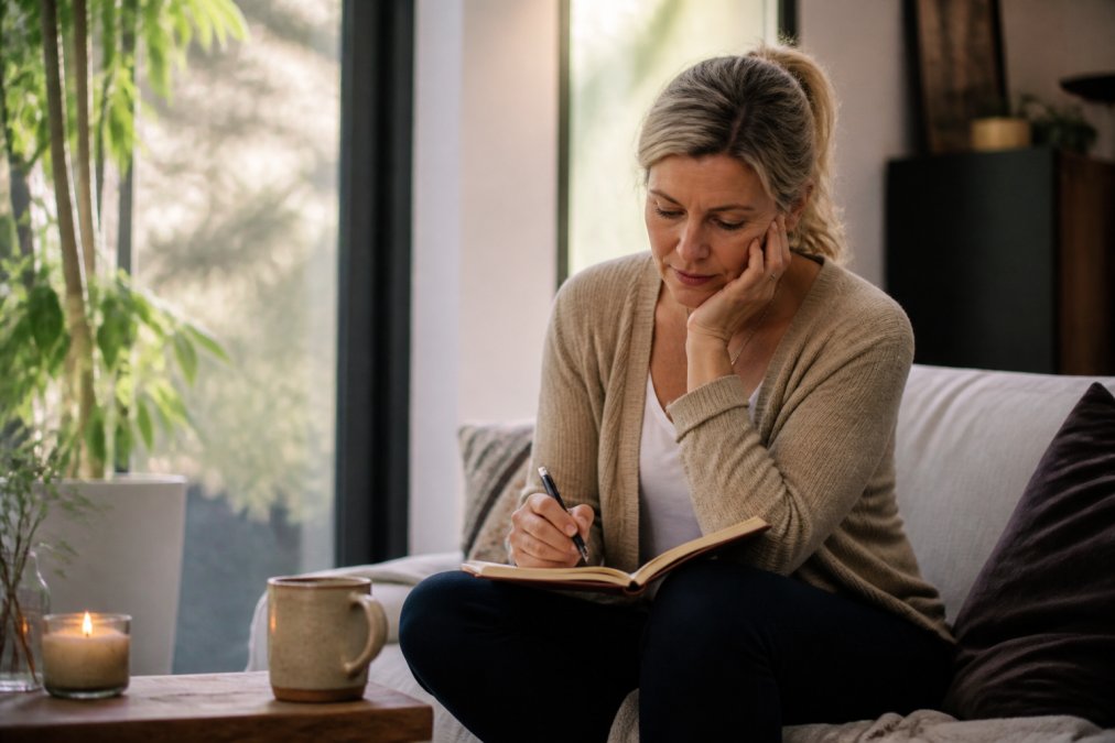 A perimenopausal woman sitting peacefully with a warm drink, journaling or reflecting, in a comfortable home environment, showing calm and intentionality