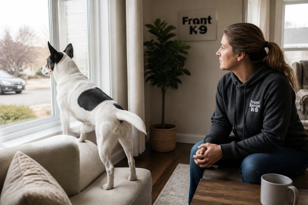 A dog standing alert at a front window, ears perked, looking intently outside while a person sits nearby with a calm, attentive posture in a bright living room