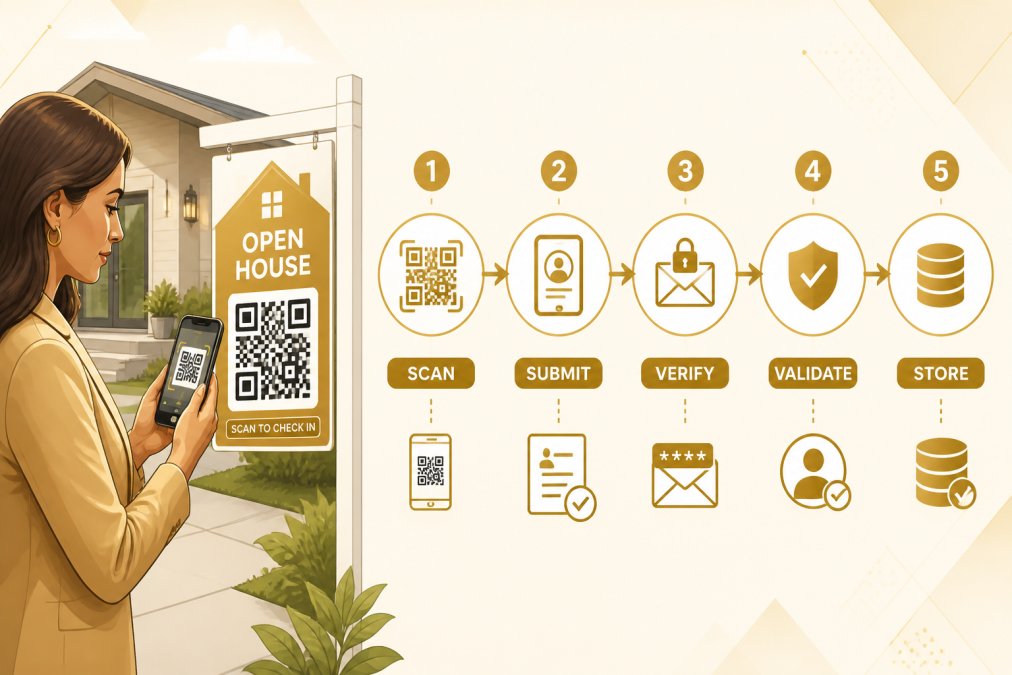 Real estate agent holding a smartphone outside a residential property, scanning a QR code with focused concentration, showing the digital verification process in action with natural daylight