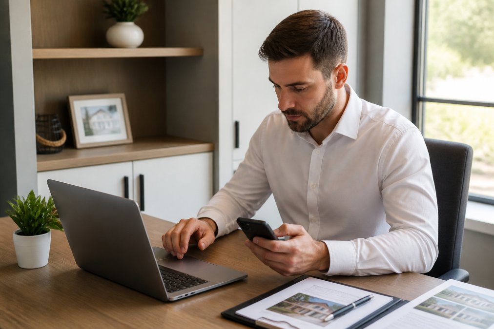 Real estate professional at a modern desk with laptop and smartphone, reviewing lead information and typing follow-up messages, representing the qualification and follow-up workflow in natural office lighting