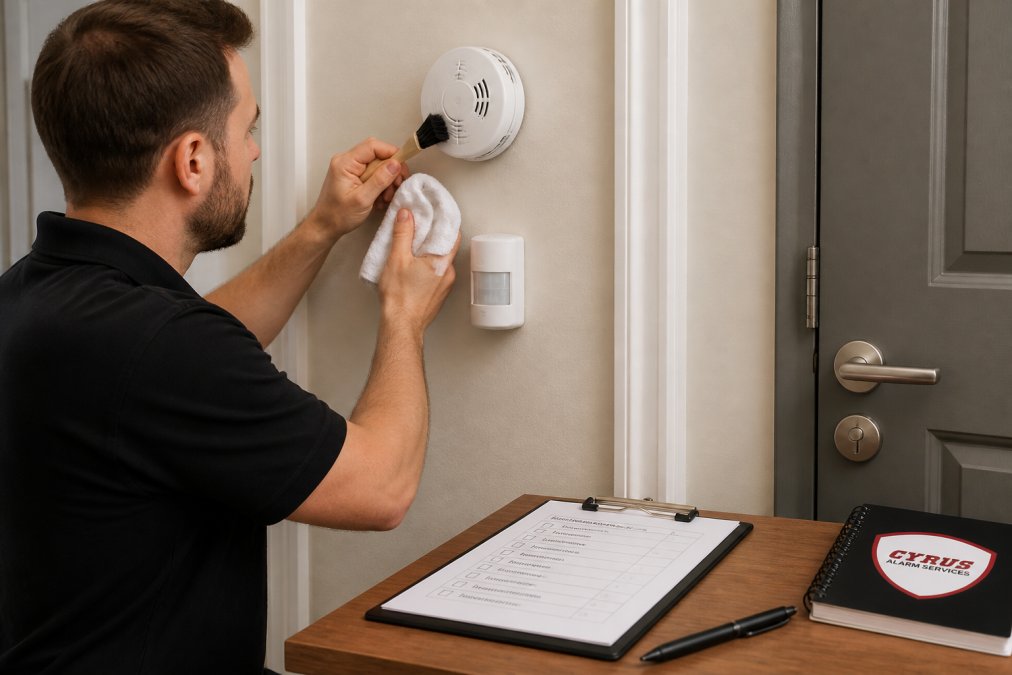 A homeowner using a small brush and cloth to clean a smoke detector and security sensor mounted on a wall, with a maintenance checklist and pen on a nearby table