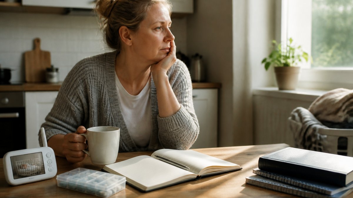 A tired middle-aged woman sitting at a kitchen table with a cup of tea and an open notebook, a baby monitor and medication box nearby, morning light through the window, quiet reflective mood