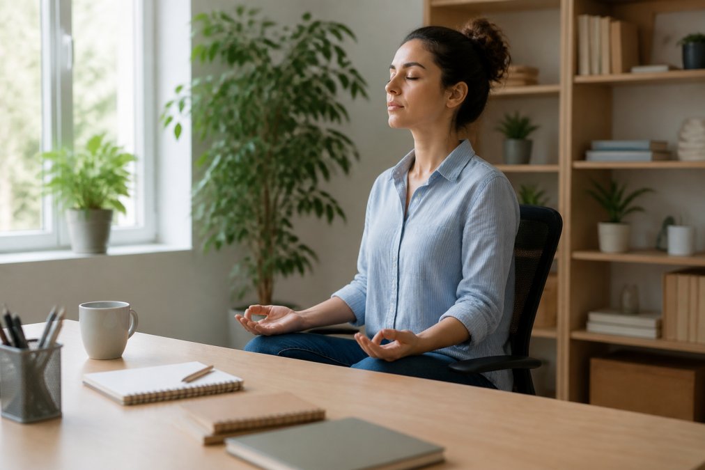A person sitting calmly at a tidy desk with a clear workspace, eyes closed, hands resting on knees, taking a deep breath in a bright, organized home office with soft natural light from a window