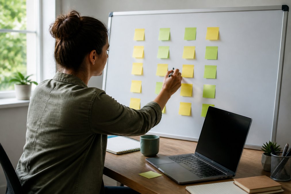 A person sitting at a clean desk writing tasks on sticky notes arranged in a structured grid on a whiteboard, with a laptop and coffee nearby, looking focused and calm